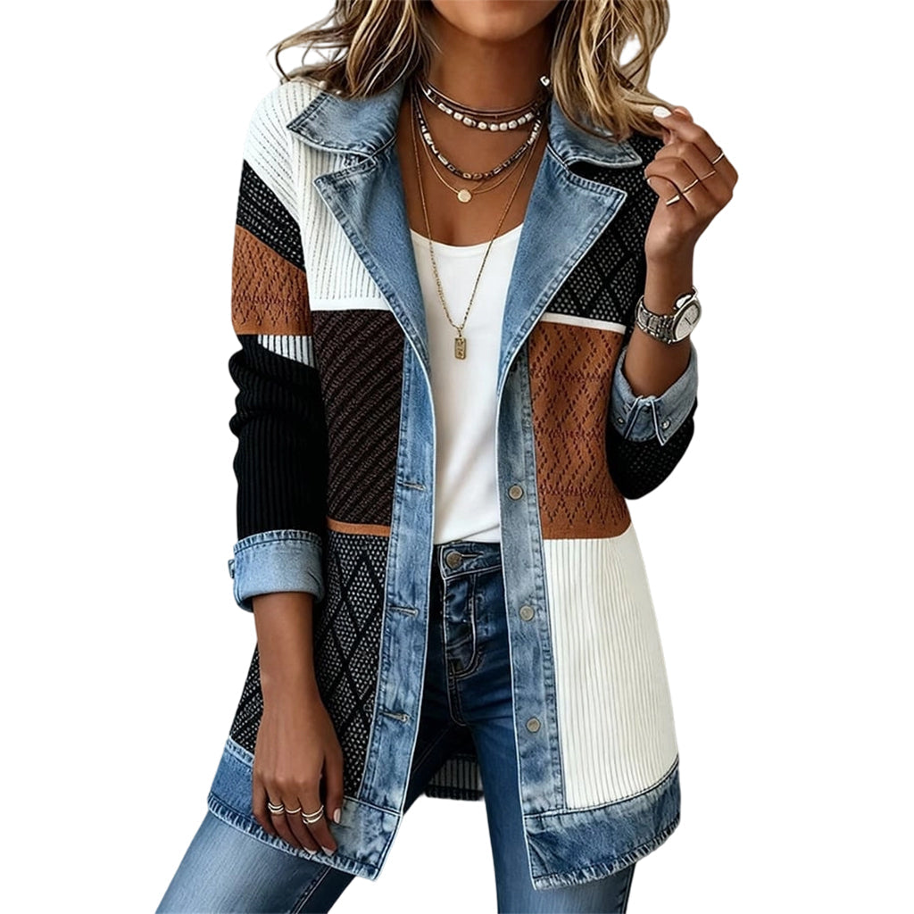 🍂Seasonal Style 49% Off🛍️Women’s Elegant Denim Spliced Ribbed Knit Coat