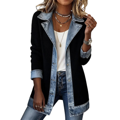 🍂Seasonal Style 49% Off🛍️Women’s Elegant Denim Spliced Ribbed Knit Coat