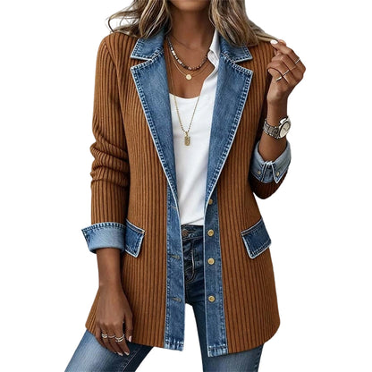 🍂Seasonal Style 49% Off🛍️Women’s Elegant Denim Spliced Ribbed Knit Coat
