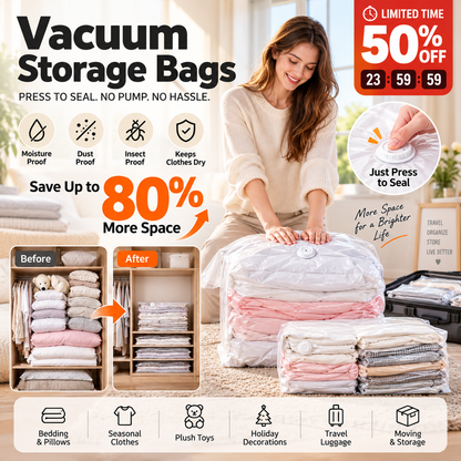 ⏳LAST DAY SALE ONLY !🏆🧳No‑Pump Vacuum Storage Bags – Press & seal, no pump needed. Saves 80% space, keeps clothes dry & dust‑free. Perfect for bulky bedding & off‑season gear. 🛏️🗄️