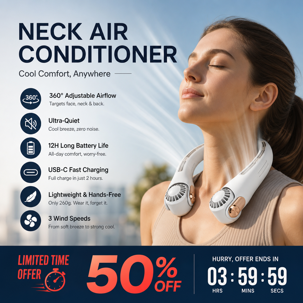 🍃 Neck Air Conditioner Fan – Ultra‑quiet, 360° rotating, 3 speeds. Hands‑free cooling, long battery. Summer essential!
